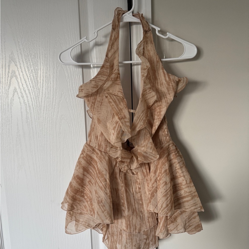 SOLD NWT Oh Polly Morgaine Ruffled Plunge Halterneck Playsuit in Tan